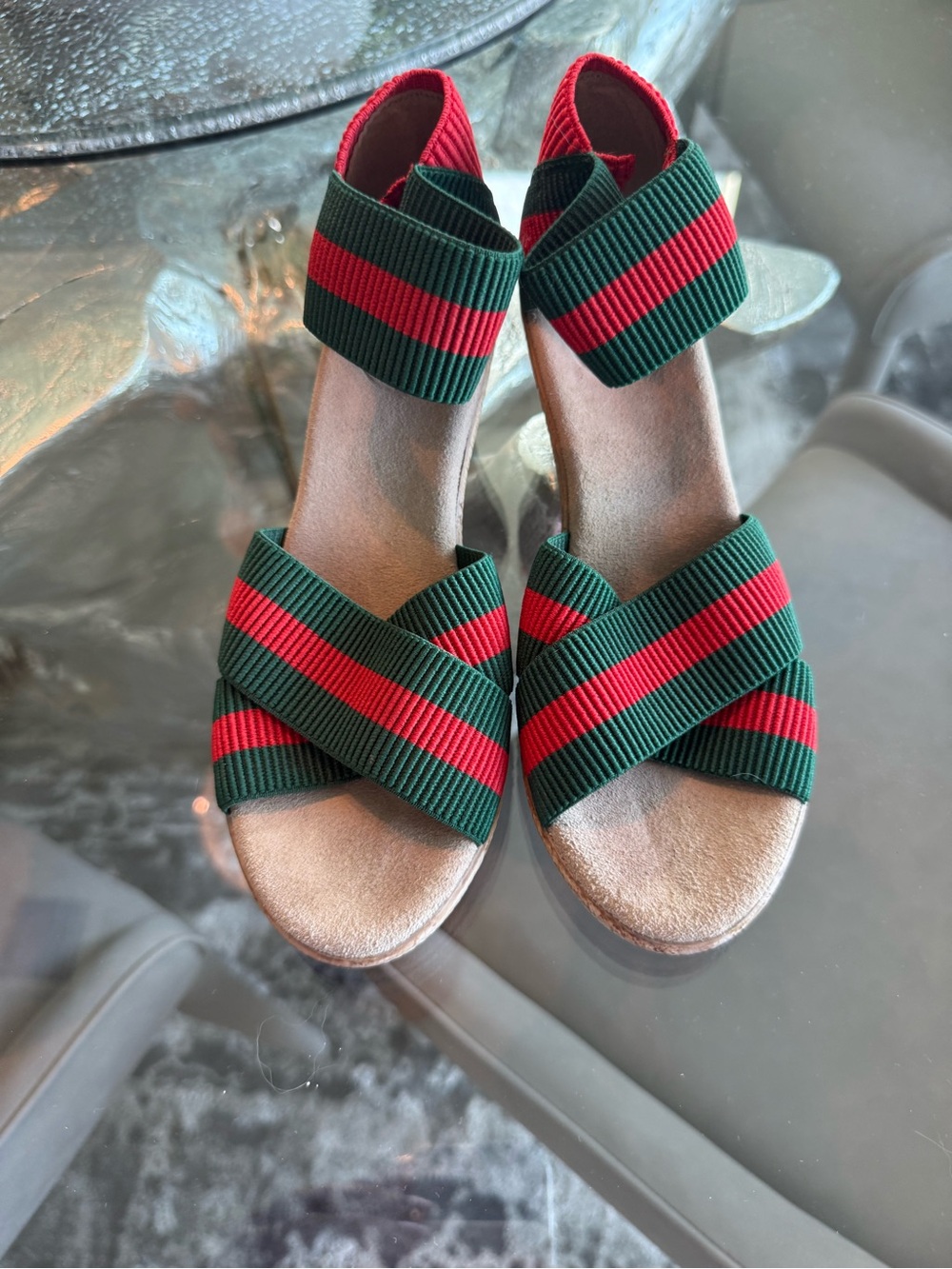CHARLESTON SHOE CO. Green and Red Striped Crisscross Sandals